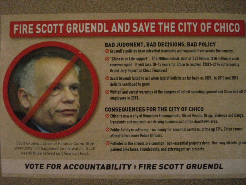 Flier blamed former mayor for homelessness, vagrancy and violence in Chico.