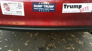 photo by Karen Laslo Bumper stickers like these have been spotted more frequently since the Nov. 8 election.
