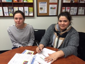OneJustice legal fellow Maureen Slack and Orland Unified Student Support Services Secretary Neli Peña discuss the upcoming immigration fair.
