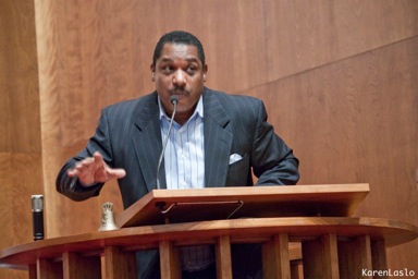 photo by Karen LasloPastor Vince Haynie speaking at the 2017 Martin Luther King, Jr., celebration.