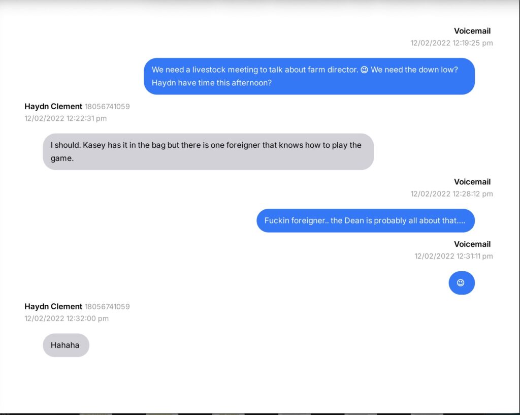 A text exchange between Darby Heffner, organic dairy manager at The Farm, and Haydn Clement, livestock technician. This document is from Dr. Stock's lawsuit and made available through PACER.